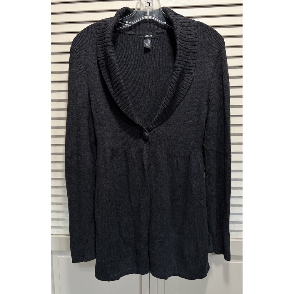 Alfani Open Cardigan Long Sleeve Knit Size M Dark Gray Shawl Neck Button Angora